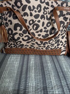 NWOT Leopard Print Tote Bag with Brown Trim